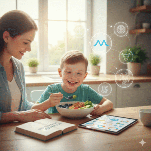 niño con autismo aprendiendo hábitos saludables con un adulto